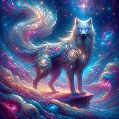 The primary subject of the image is a white wolf with blue eyes, standing on a rock in a colorful, swirling sky. The wolf appears to be looking up at the sky, possibly observing the stars. The setting is a vibrant, celestial background, which adds to the overall atmosphere of the image. The visual style is a digital art or illustration, showcasing the wolf's unique features and the dynamic environment. The colors and mood of the image are predominantly blue and